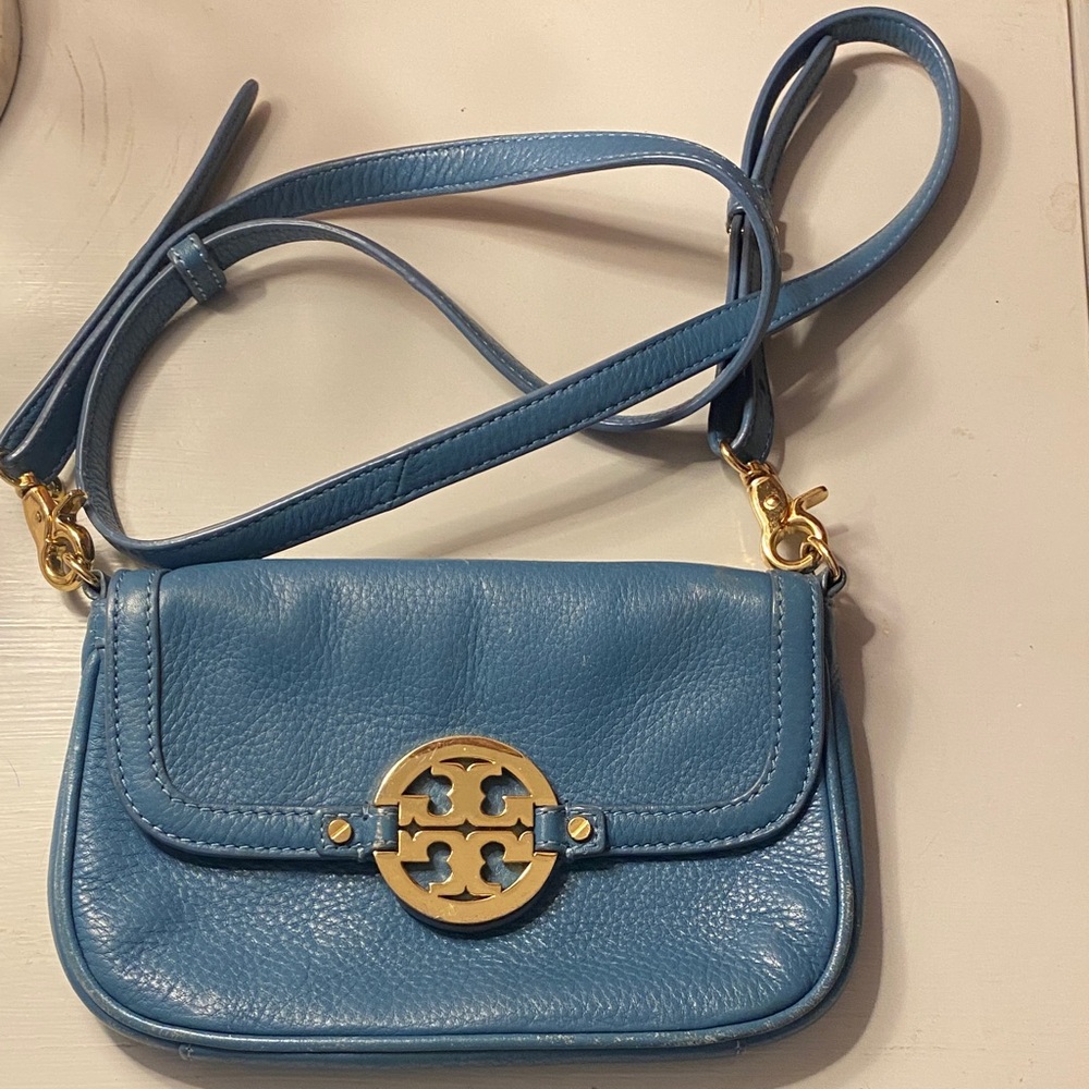 Tory Burch Blue Leather Crossbody Bag with Gold Logo